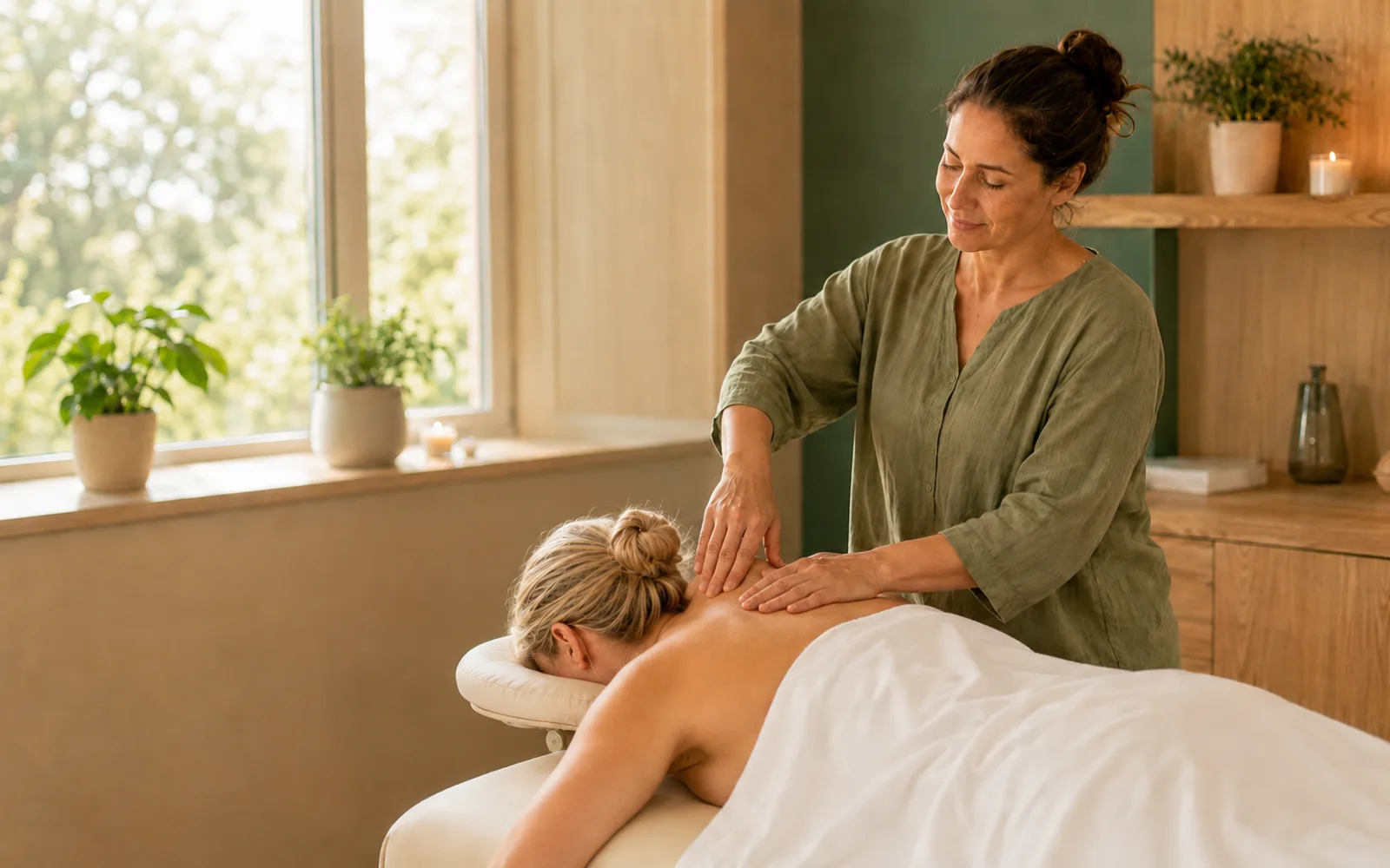 Praticienne concentrée pendant un massage du dos, dans un cabinet lumineux et apaisant.