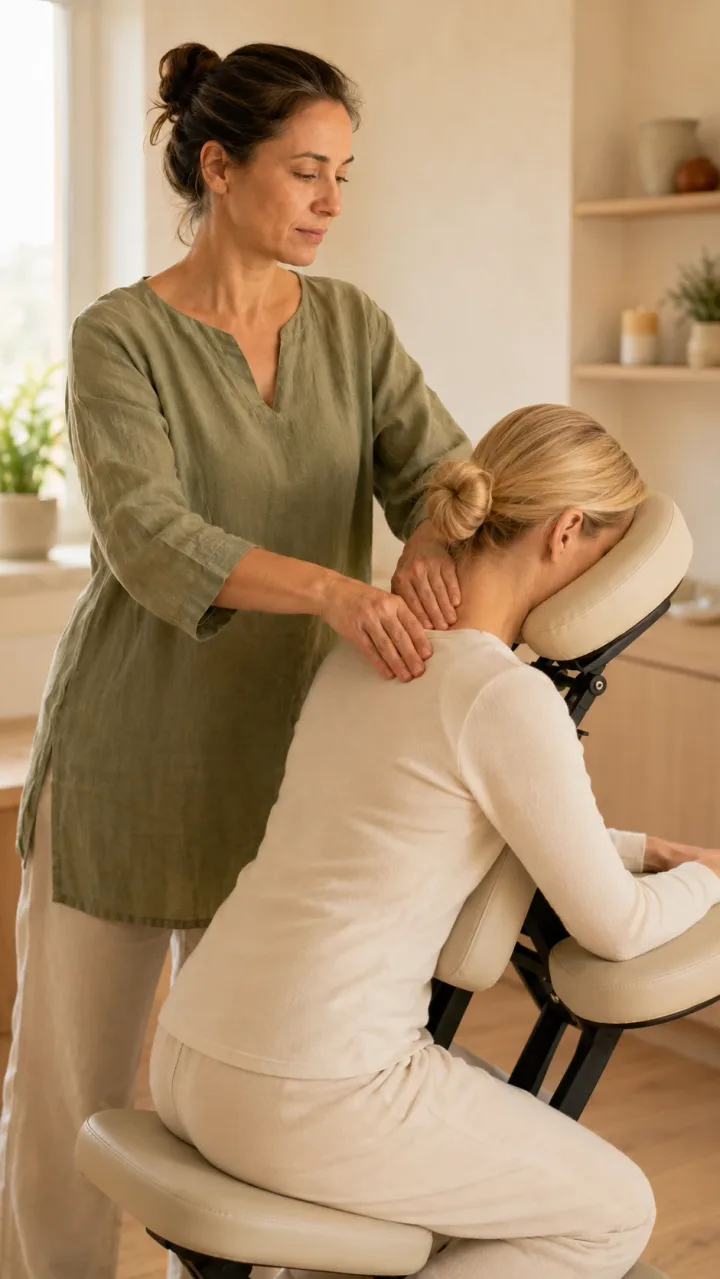 Praticienne réalisant un massage assis à sa cliente