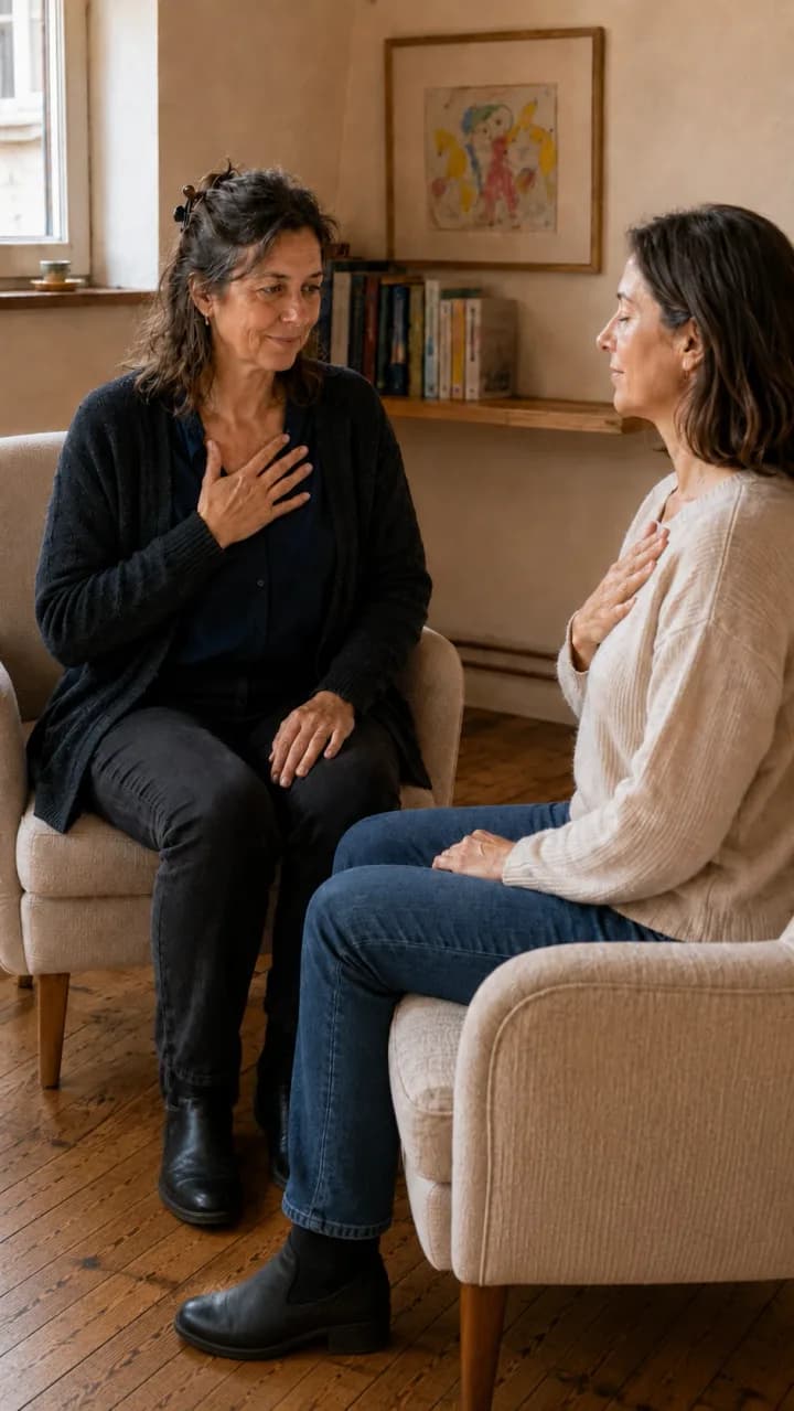 Thérapeute en séance d’accompagnement avec sa cliente