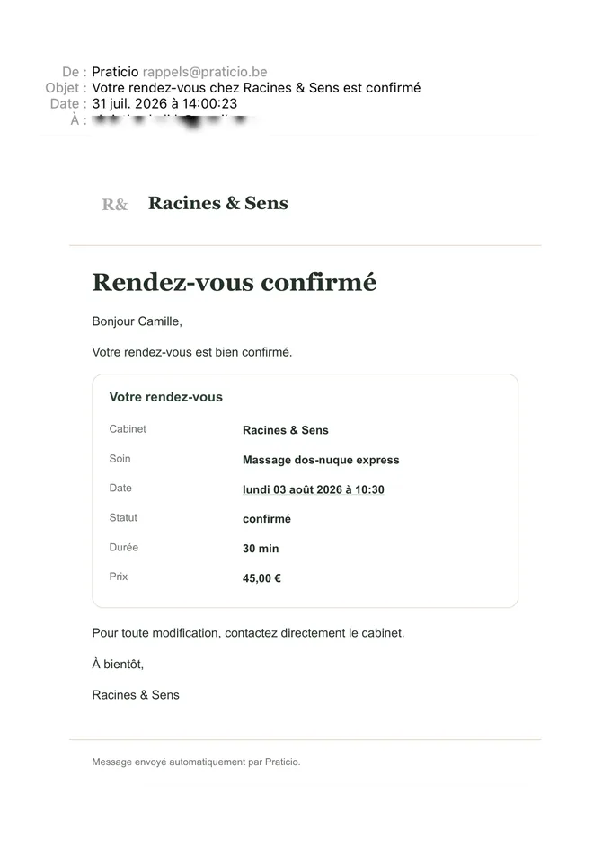 E-mail de confirmation : Massage dos-nuque express, lundi 3 août 2026 à 10:30.