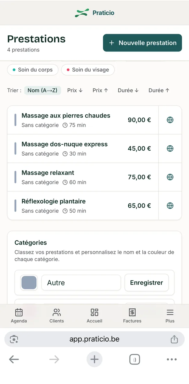 Liste des prestations dans Praticio (Massage relaxant, dos-nuque, pierres chaudes, réflexologie).