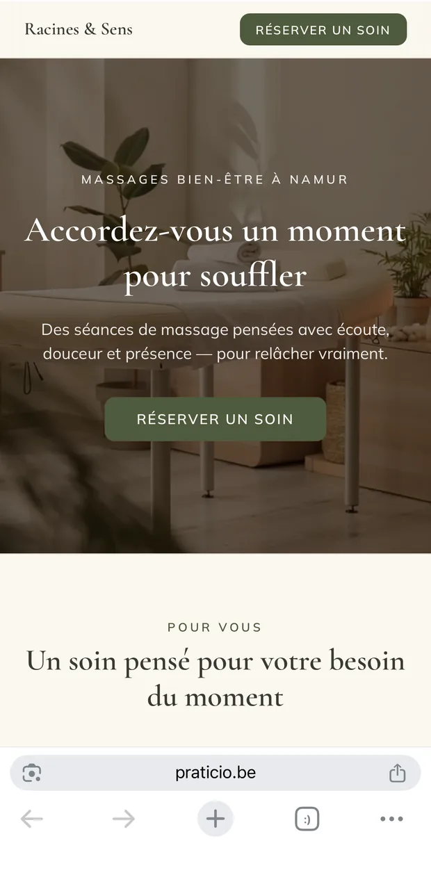 Page d’accueil de la vitrine Racines & Sens avec le bouton Réserver un soin.