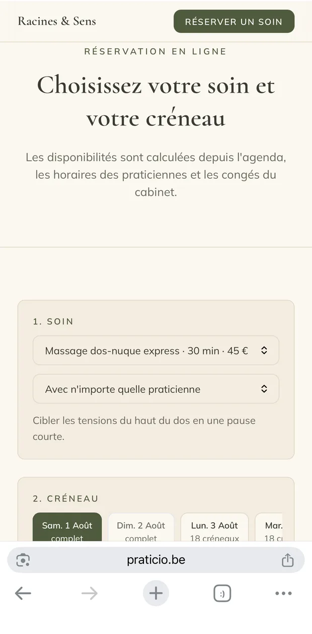 Écran de réservation : Massage dos-nuque express et choix du créneau.