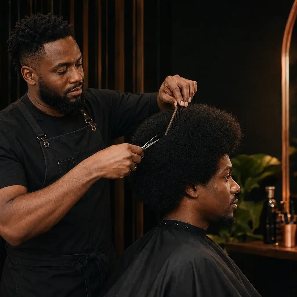 Coupe afro aux ciseaux — volume maîtrisé