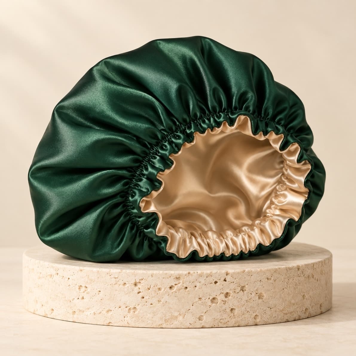 Bonnet en satin réversible Émeraude & Champagne